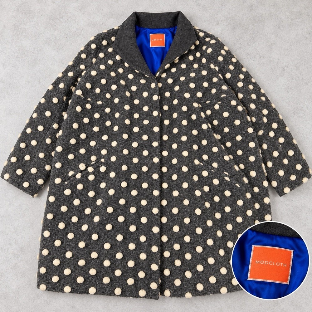 ModCloth Womens 1X Grey Wool Polka Dot Cocoon Coat Plus Size Blue Satin Lining